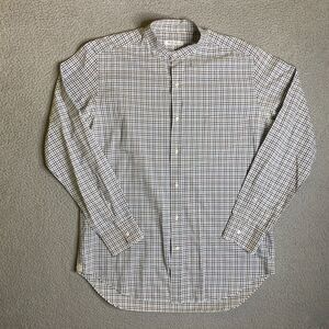 Loro Piana Shirt Mens XL Blue Plaid Band Collar Button Up Long Sleeve Italy